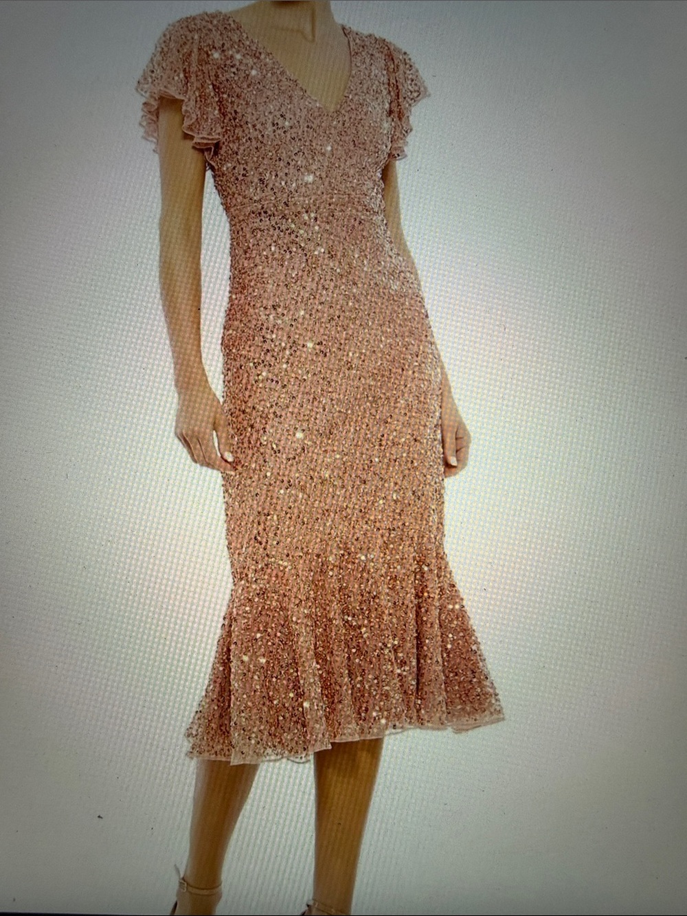 MAC DUGGAL # 10801 Rose Gold Sequined V Neck Flutter Sleeve Trumpet Dress Sz 8